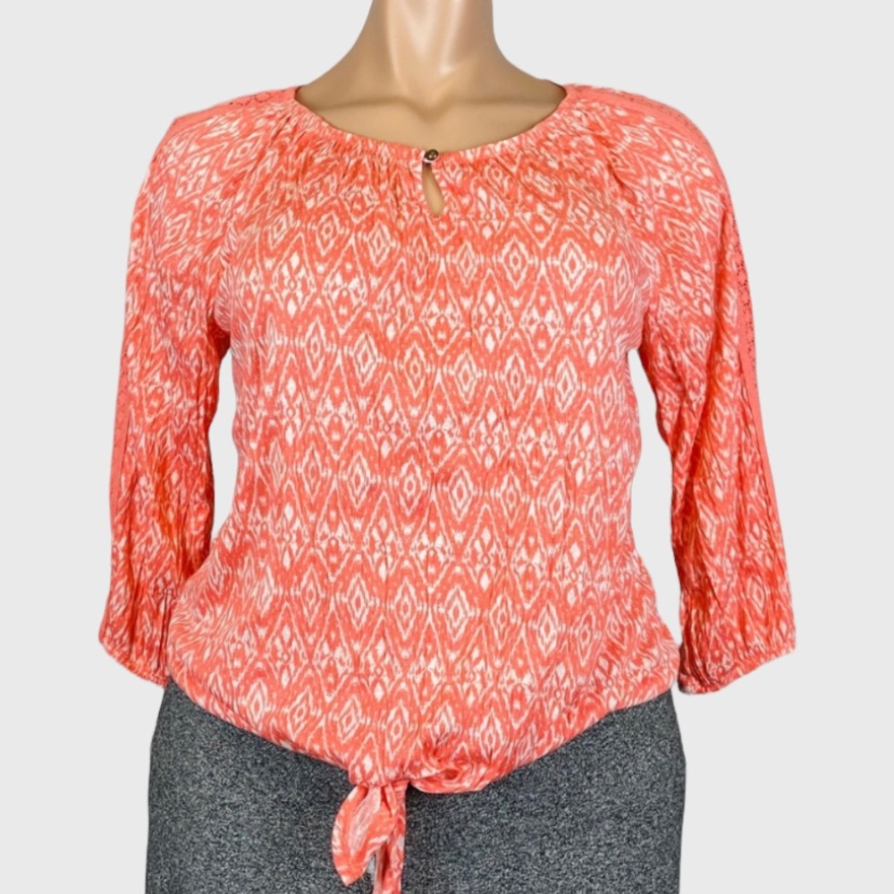 French Laundry Womens Tie Front Blouse Coral Tribal Print Keyhole Neck size XL